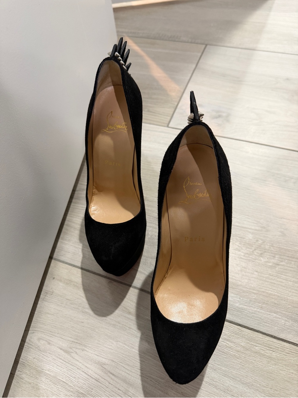 Christian Louboutin Black Suede Pointed-Toe Pumps with Back Spike Detail